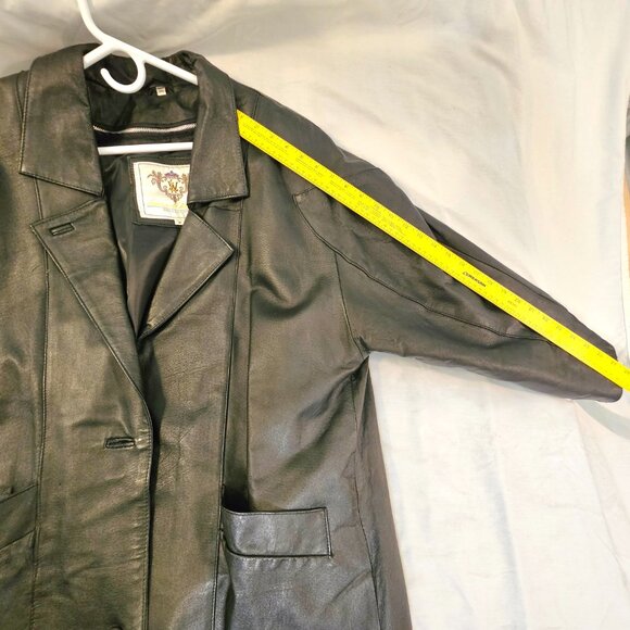 VTG MED Classic Laura Winston Black Leather Women's Button Up Long Trench Coat - Picture 15 of 16